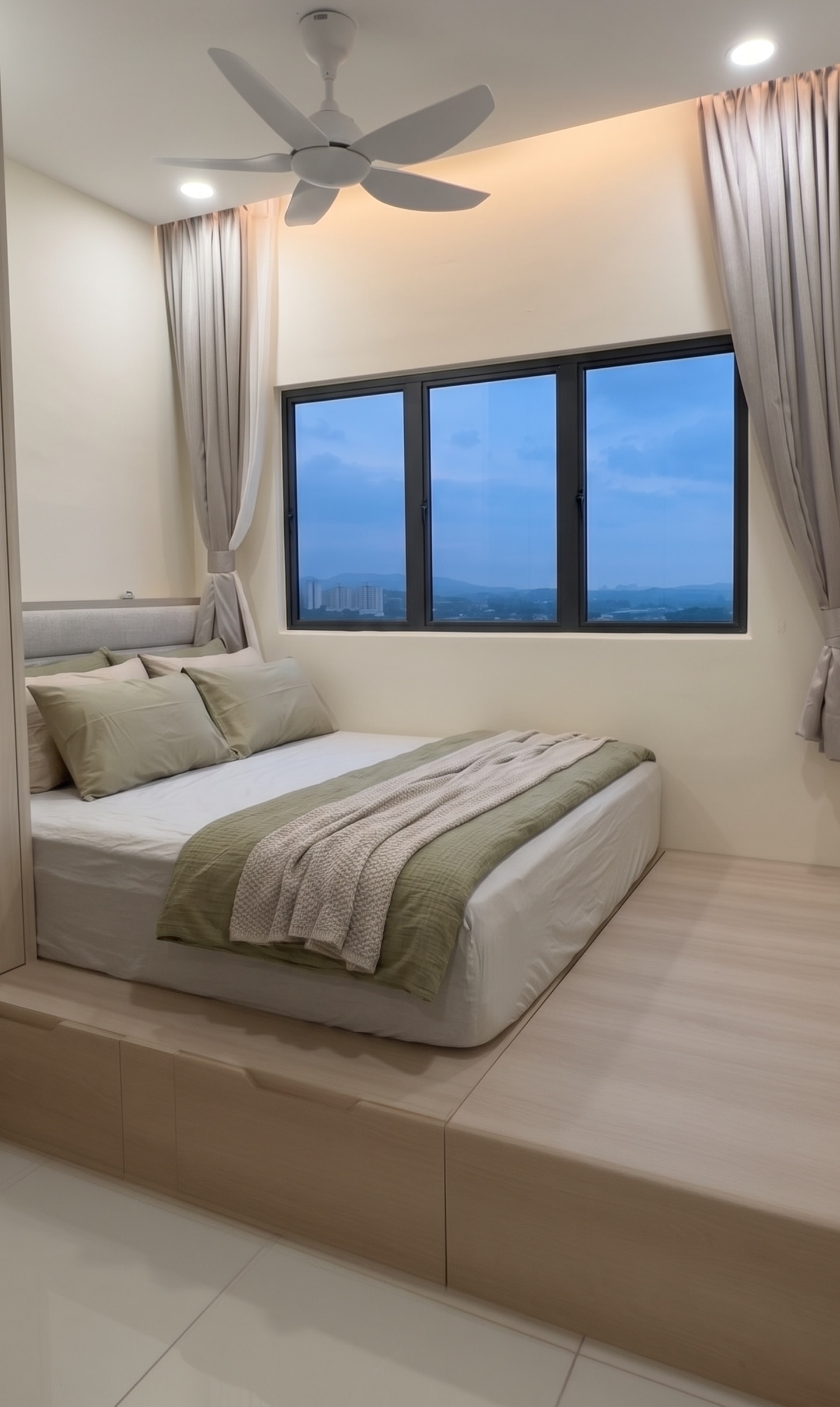Master bedroom with platform bed, city view windows, and warm neutral palette
