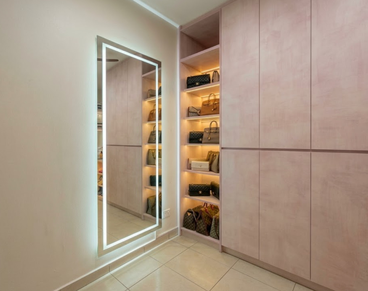 Walk-in wardrobe full-length LED mirror and open lit bag shelving