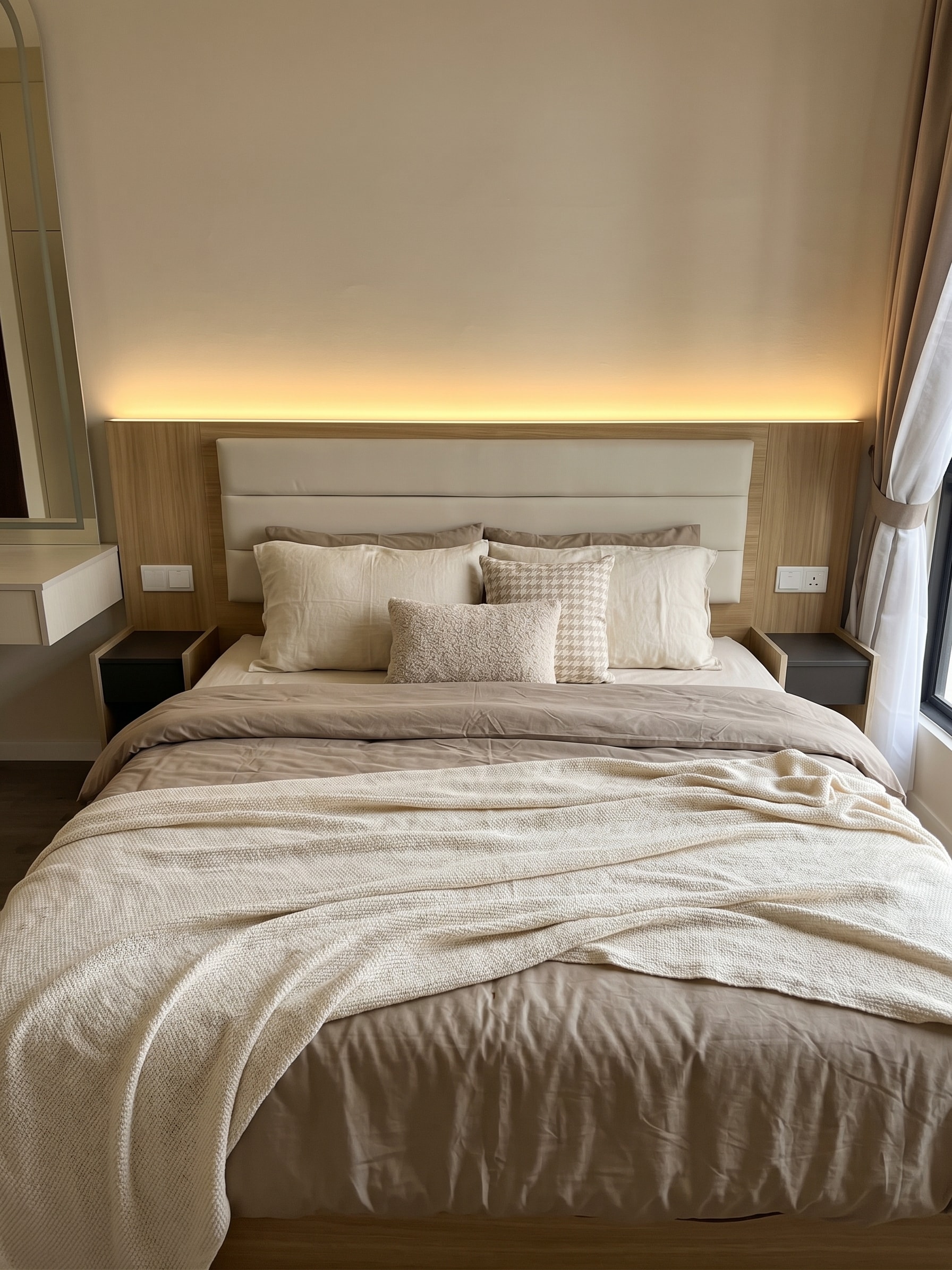 Master bedroom with custom cushioned headboard, floating bedframe and warm LED backlighting